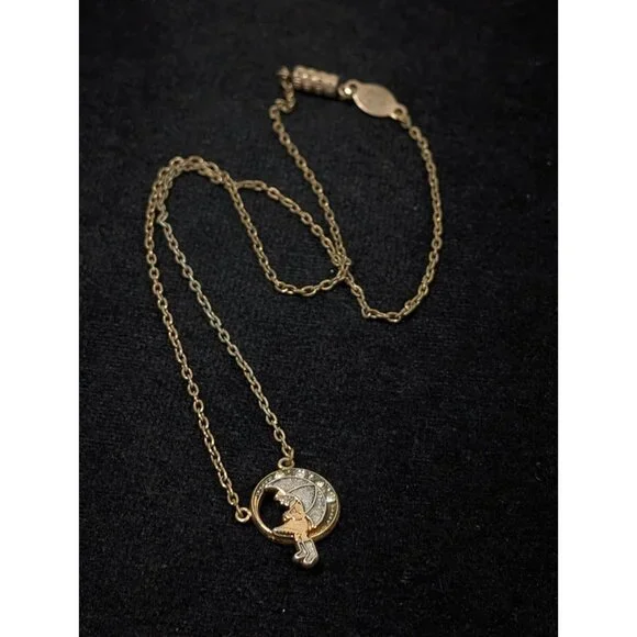 Vintage 1970s 1928 Morton Salt Girl Umbrella Gold Tone Necklace with Crystals - Picture 3 of 11